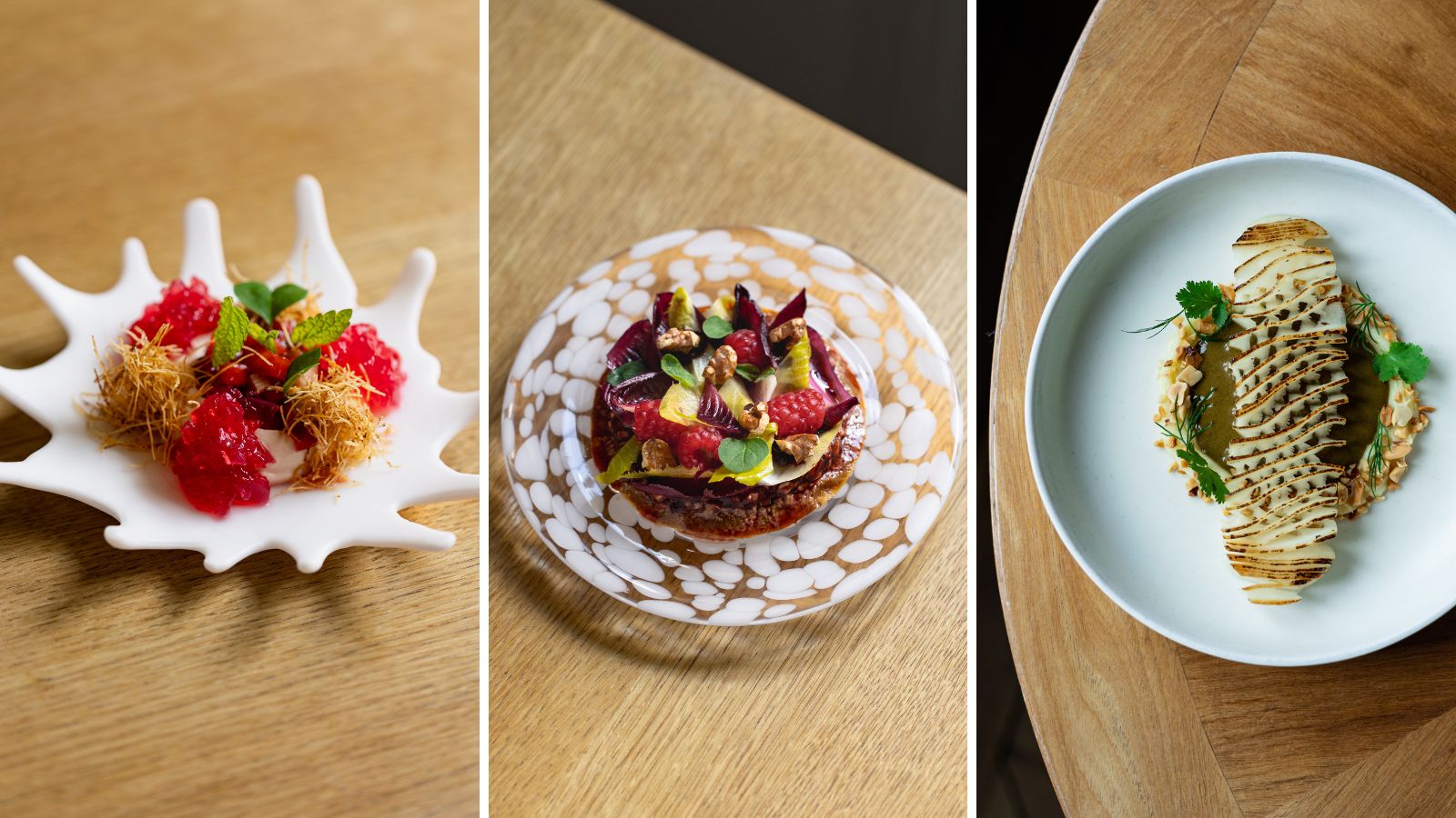 Links: dessert met gelei, aardbei-mascarponecrème en engelenhaar | midden: tostada met walnoot, 'ricotta’, ingelegde bessen en klaver | rechts: aguachile met koolrabi